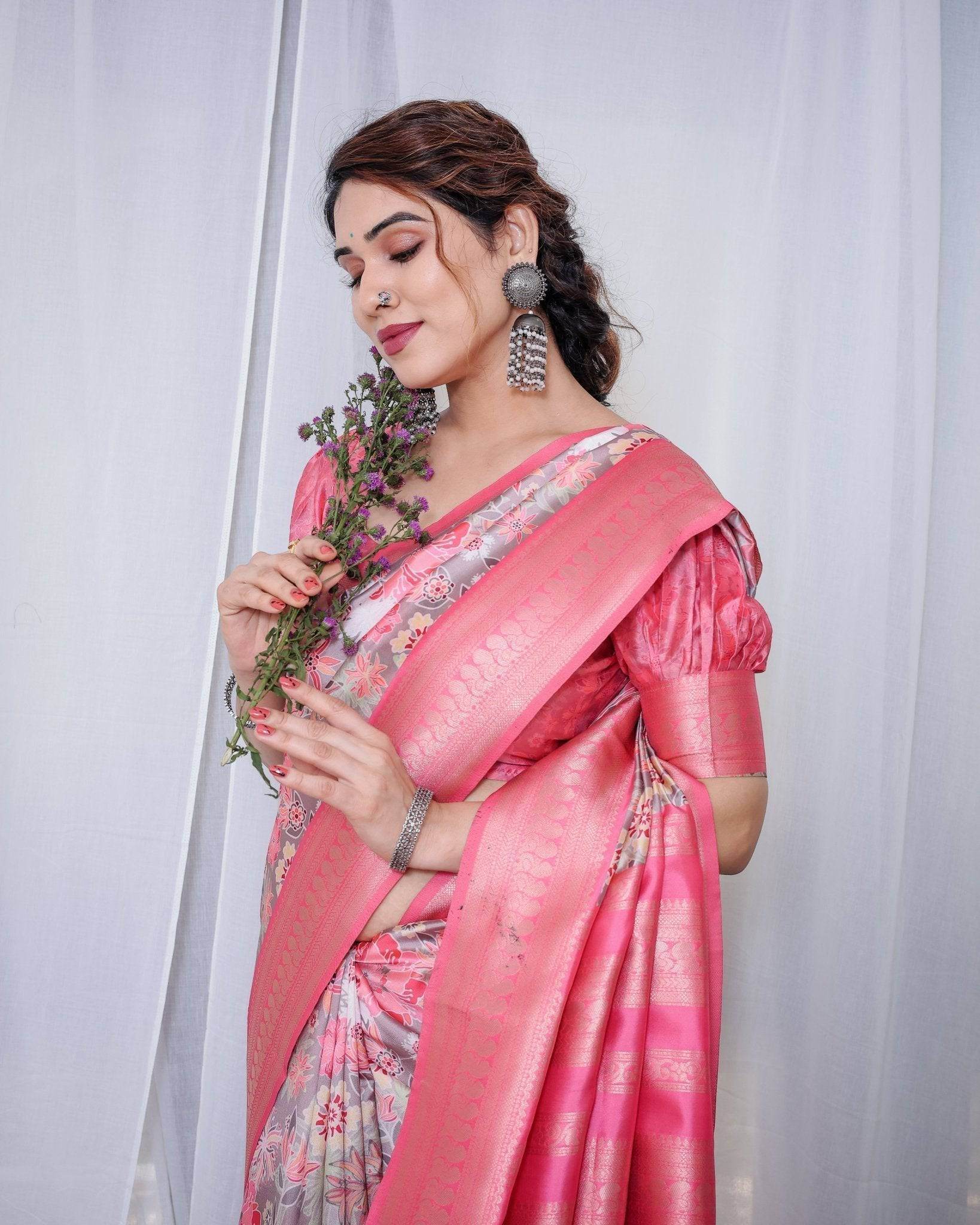 Graceful Pink and Silver Banarasi Silk Saree with Vibrant Floral Design, Zari Weaved Border, and Elegant Pallu - SEEANS