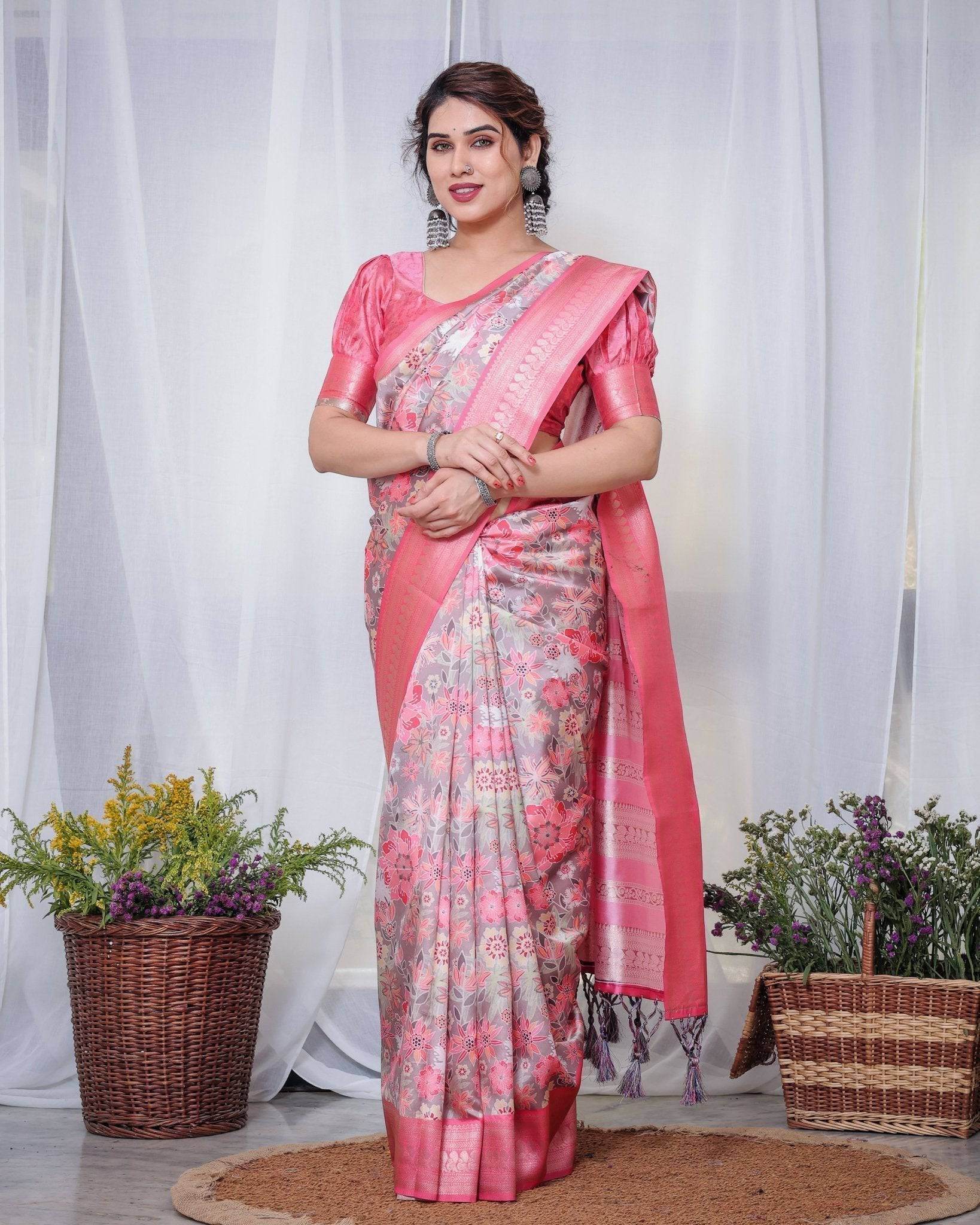 Graceful Pink and Silver Banarasi Silk Saree with Vibrant Floral Design, Zari Weaved Border, and Elegant Pallu - SEEANS