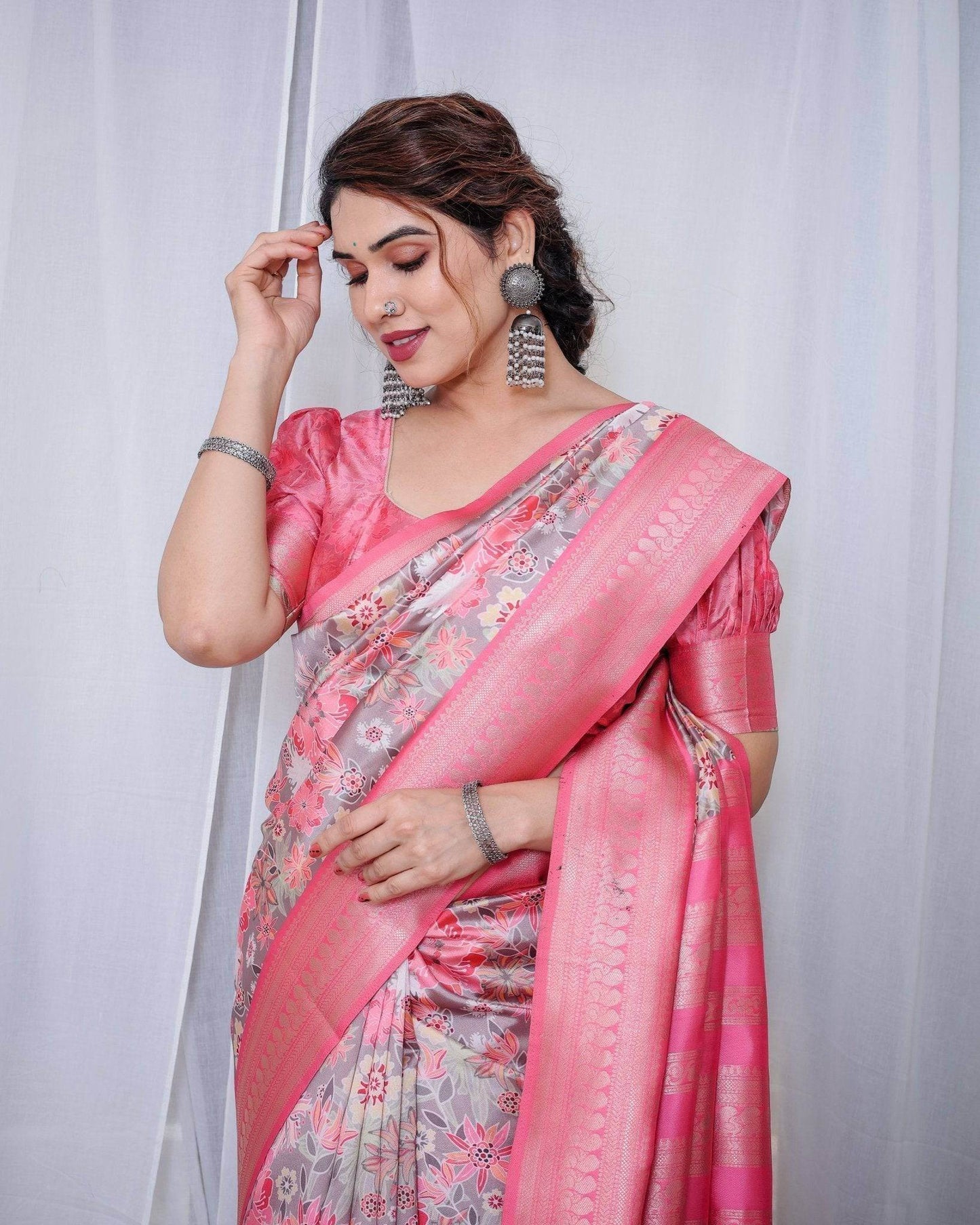 Graceful Pink and Silver Banarasi Silk Saree with Vibrant Floral Design, Zari Weaved Border, and Elegant Pallu - SEEANS