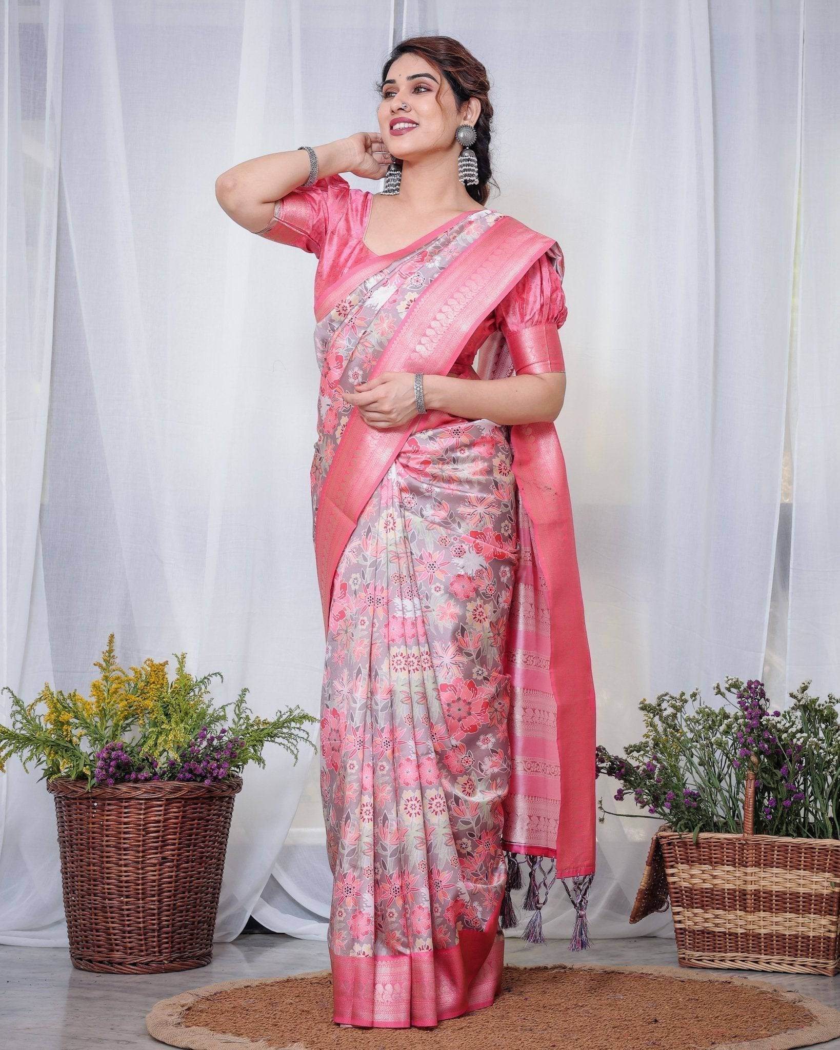 Graceful Pink and Silver Banarasi Silk Saree with Vibrant Floral Design, Zari Weaved Border, and Elegant Pallu - SEEANS