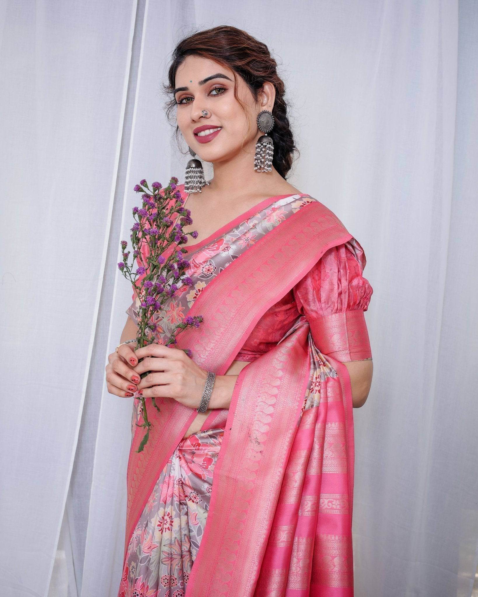 Graceful Pink and Silver Banarasi Silk Saree with Vibrant Floral Design, Zari Weaved Border, and Elegant Pallu - SEEANS