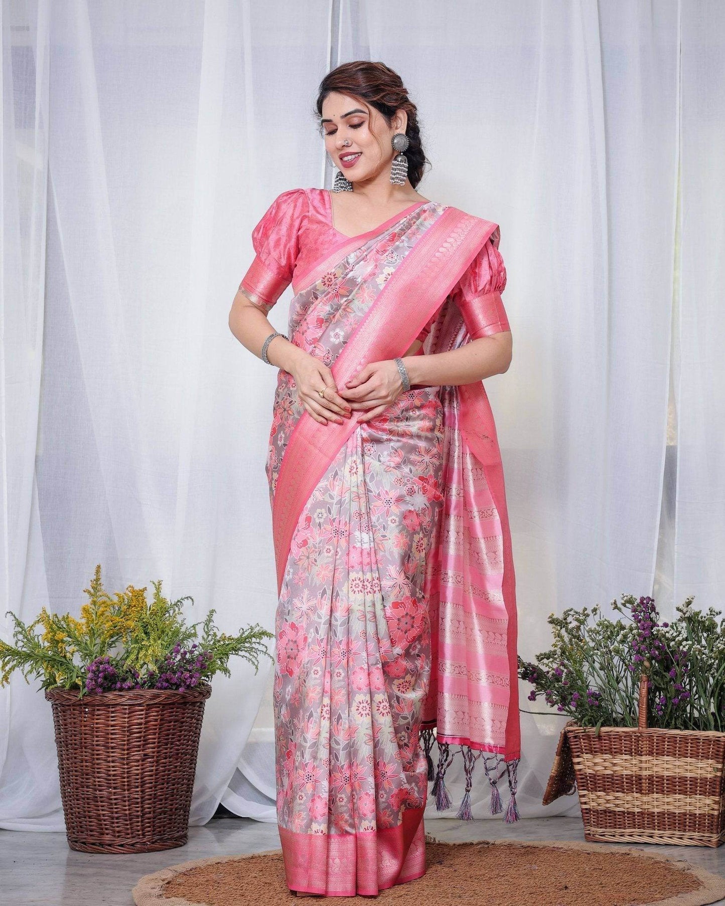 Graceful Pink and Silver Banarasi Silk Saree with Vibrant Floral Design, Zari Weaved Border, and Elegant Pallu - SEEANS