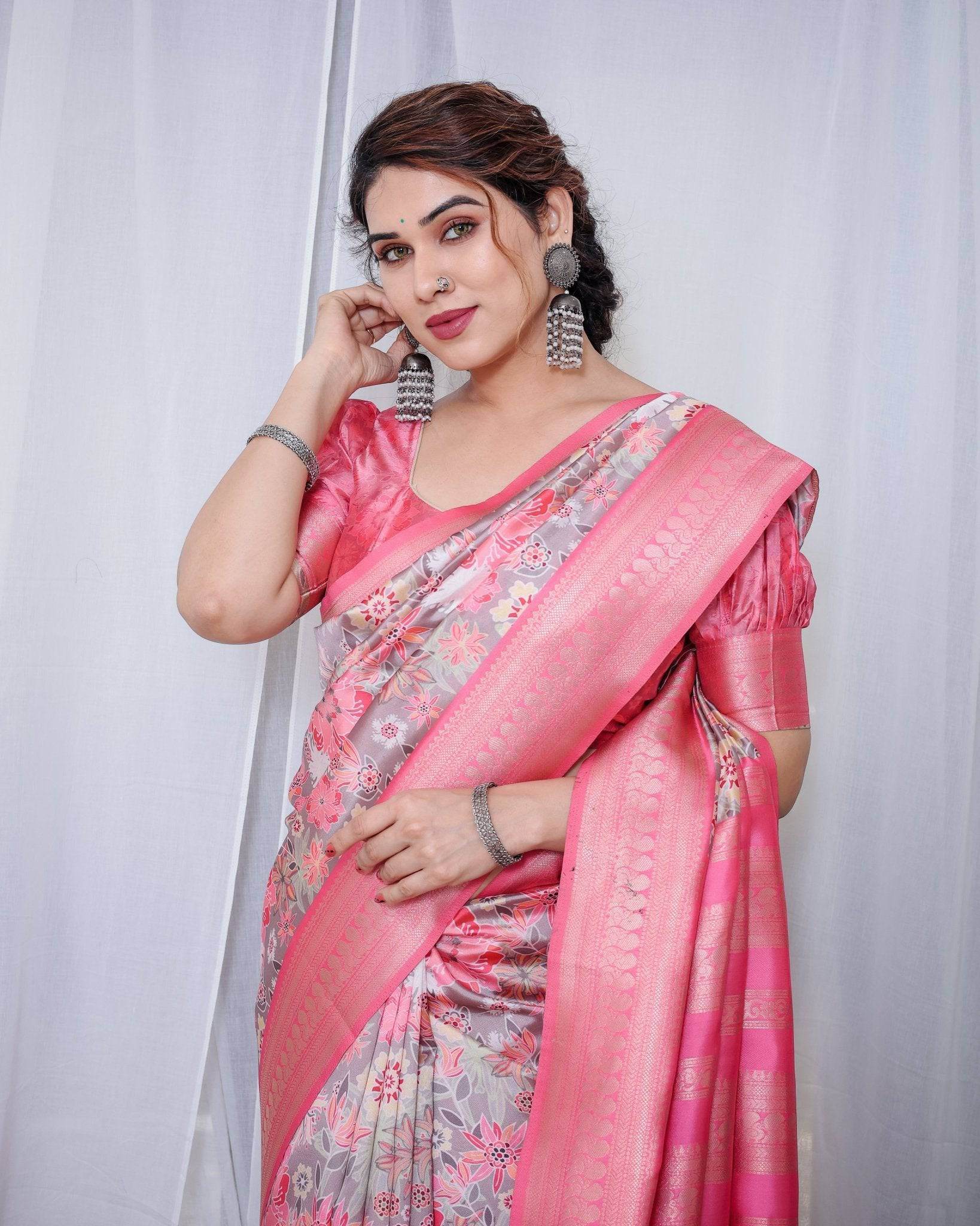 Graceful Pink and Silver Banarasi Silk Saree with Vibrant Floral Design, Zari Weaved Border, and Elegant Pallu - SEEANS