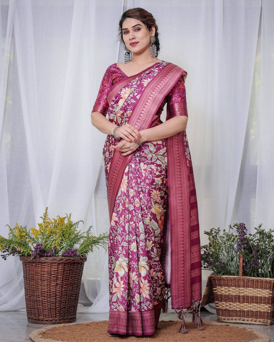 Majestic Maroon Floral Banarasi Silk Saree with Zari Weave and Tassels - SEEANS