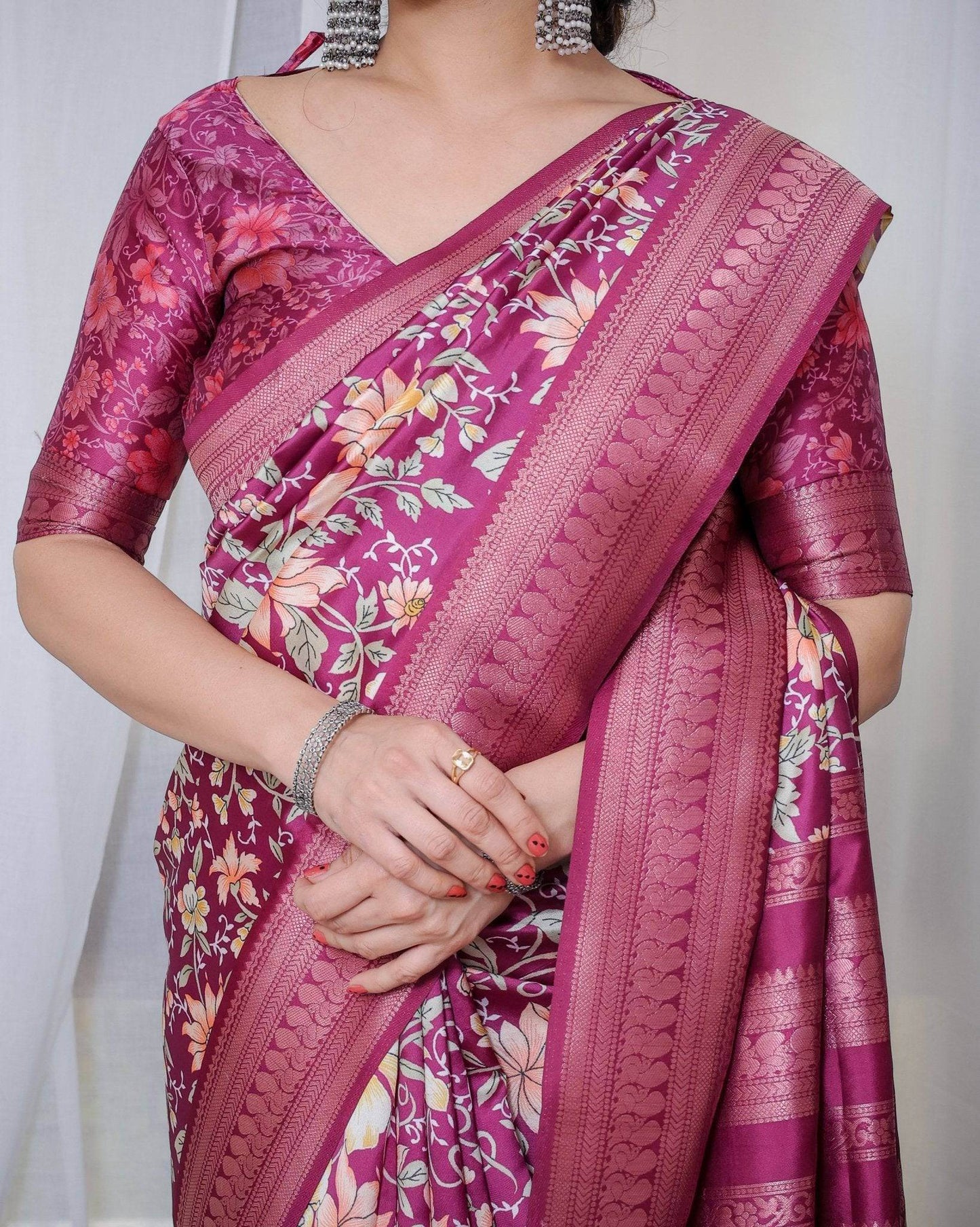 Majestic Maroon Floral Banarasi Silk Saree with Zari Weave and Tassels - SEEANS