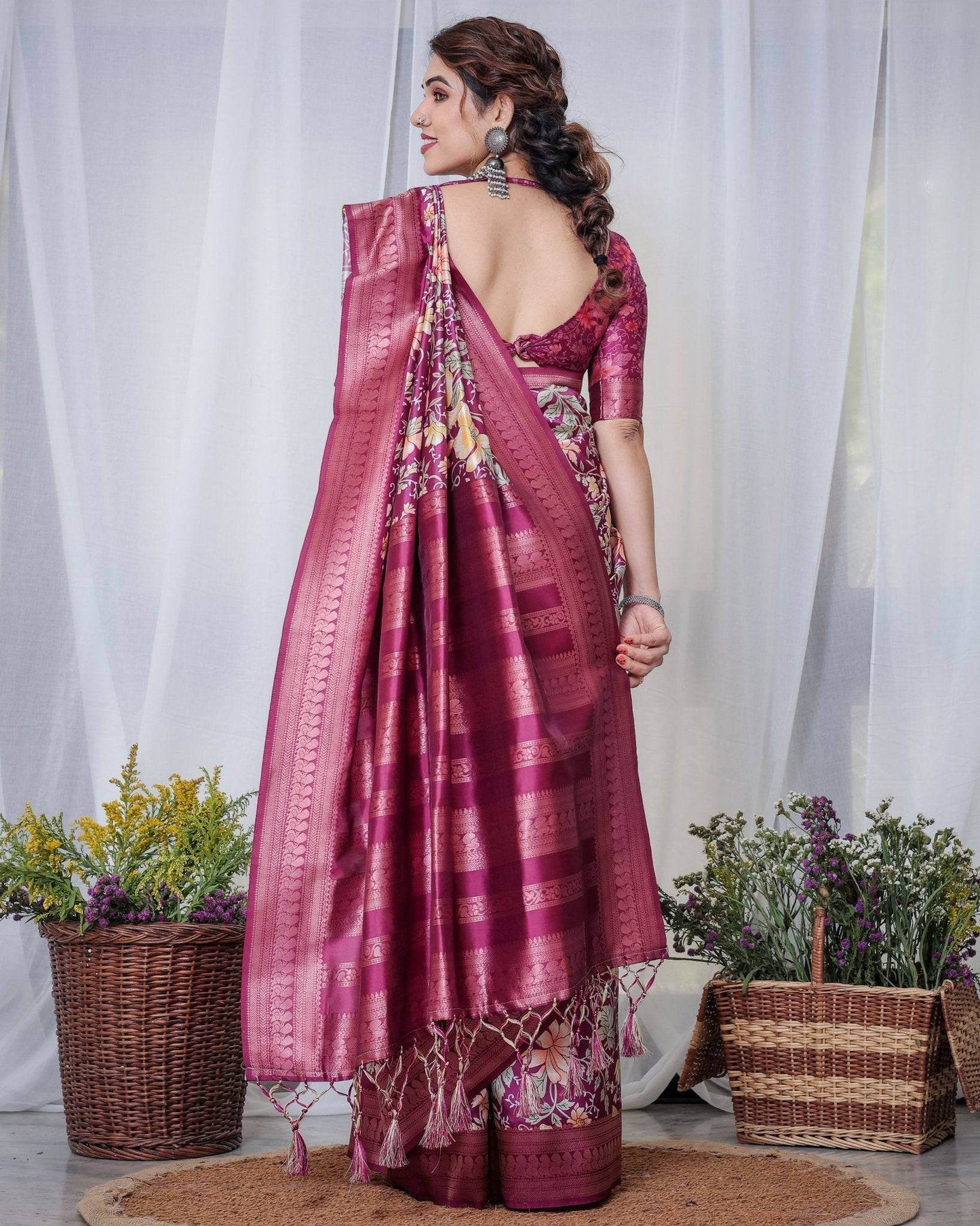 Majestic Maroon Floral Banarasi Silk Saree with Zari Weave and Tassels - SEEANS