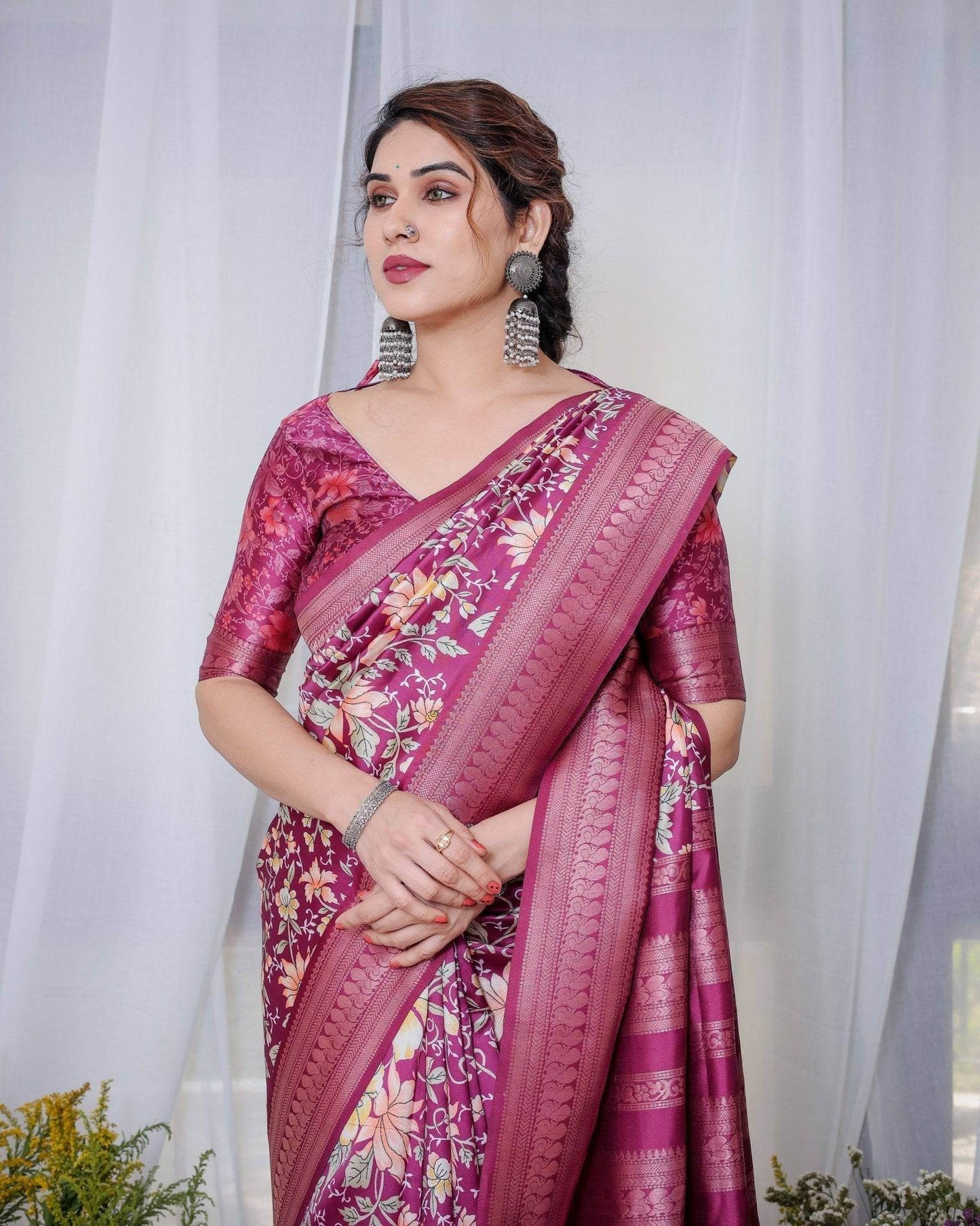 Majestic Maroon Floral Banarasi Silk Saree with Zari Weave and Tassels - SEEANS