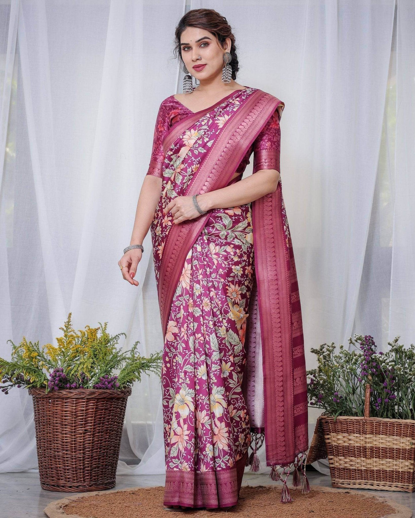 Majestic Maroon Floral Banarasi Silk Saree with Zari Weave and Tassels - SEEANS