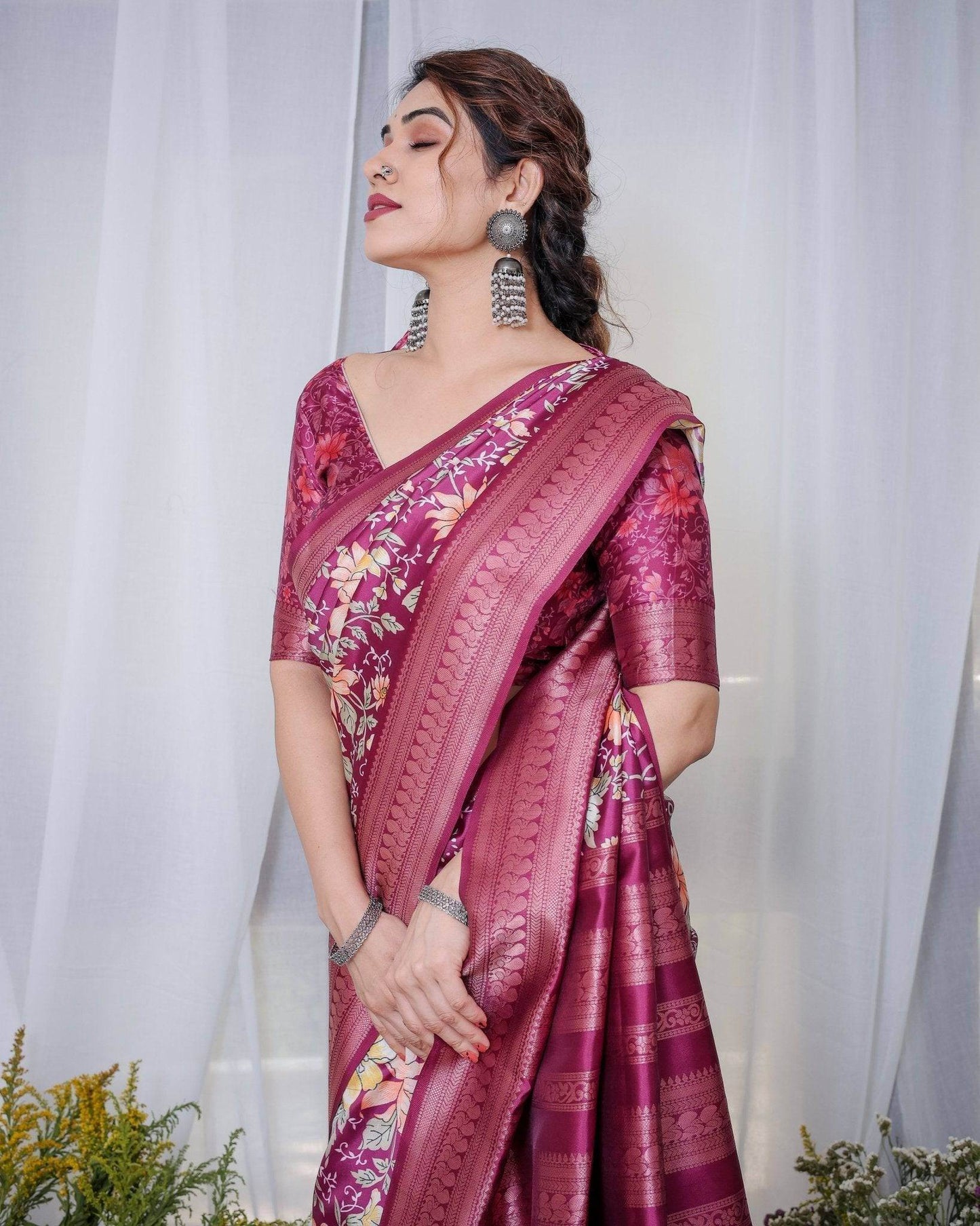 Majestic Maroon Floral Banarasi Silk Saree with Zari Weave and Tassels - SEEANS