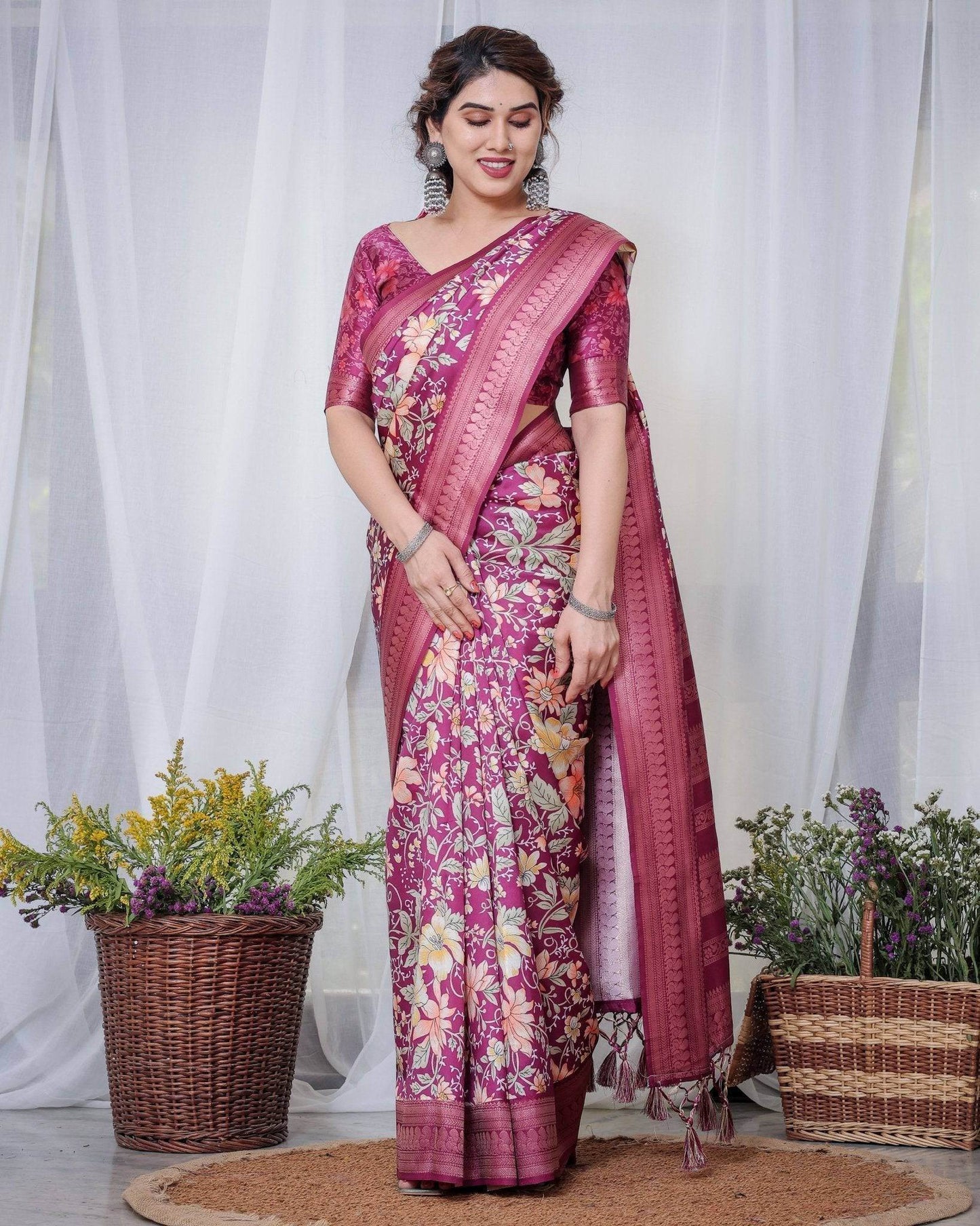 Majestic Maroon Floral Banarasi Silk Saree with Zari Weave and Tassels - SEEANS