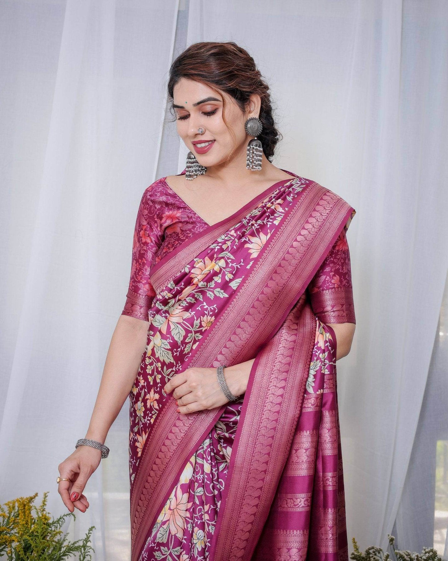 Majestic Maroon Floral Banarasi Silk Saree with Zari Weave and Tassels - SEEANS