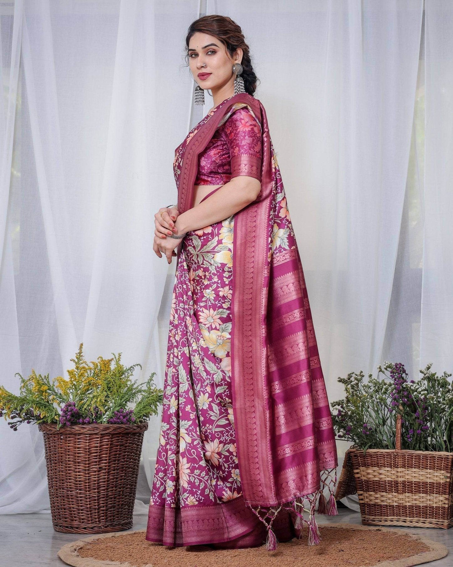 Majestic Maroon Floral Banarasi Silk Saree with Zari Weave and Tassels - SEEANS