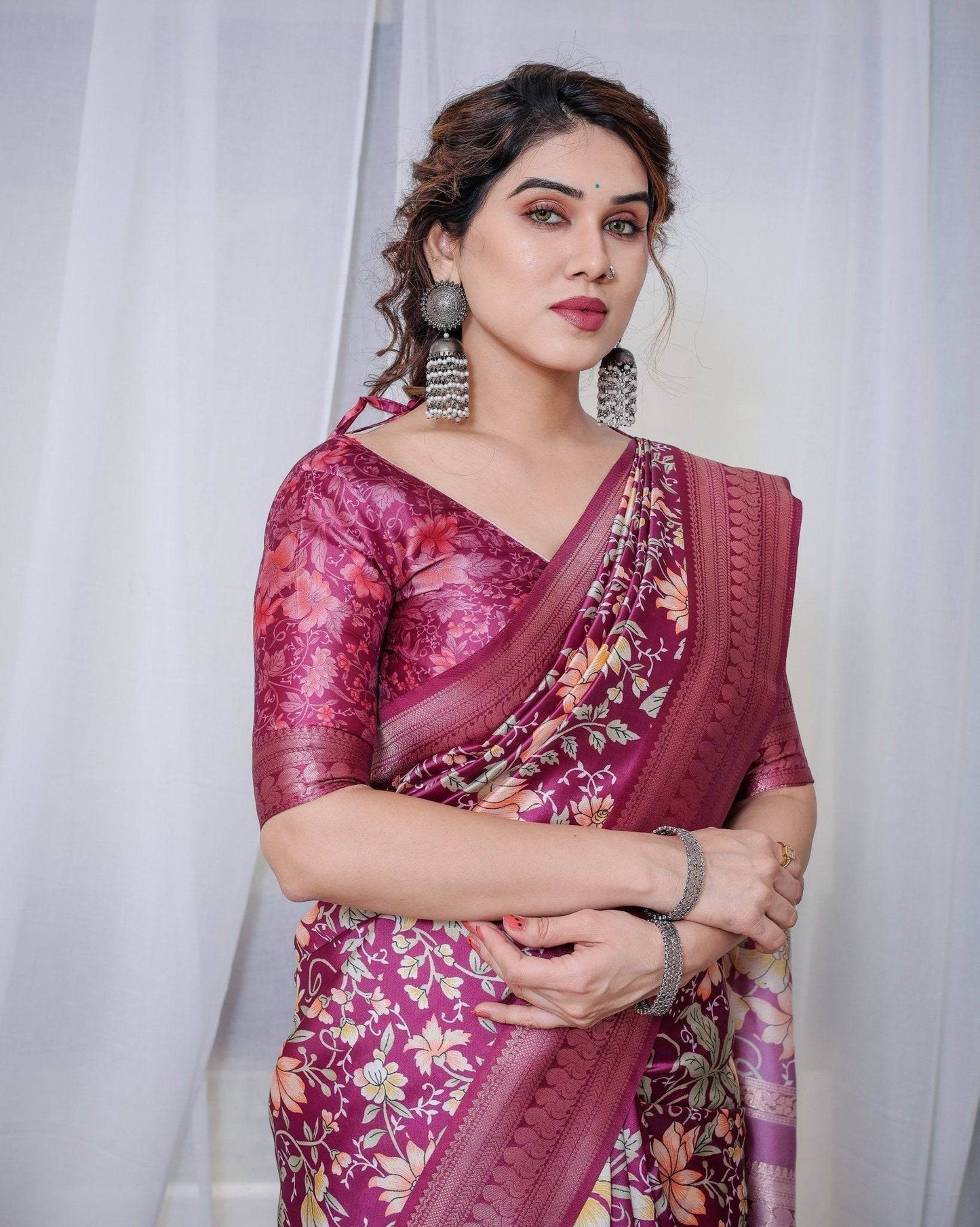 Majestic Maroon Floral Banarasi Silk Saree with Zari Weave and Tassels - SEEANS