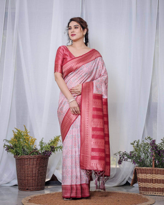 Crimson Red & White Banarasi Silk Saree with Intricate Geometric Motifs - SEEANS