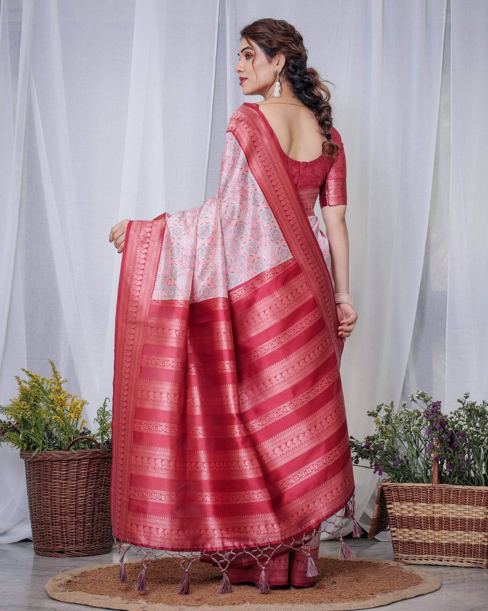 Crimson Red & White Banarasi Silk Saree with Intricate Geometric Motifs - SEEANS