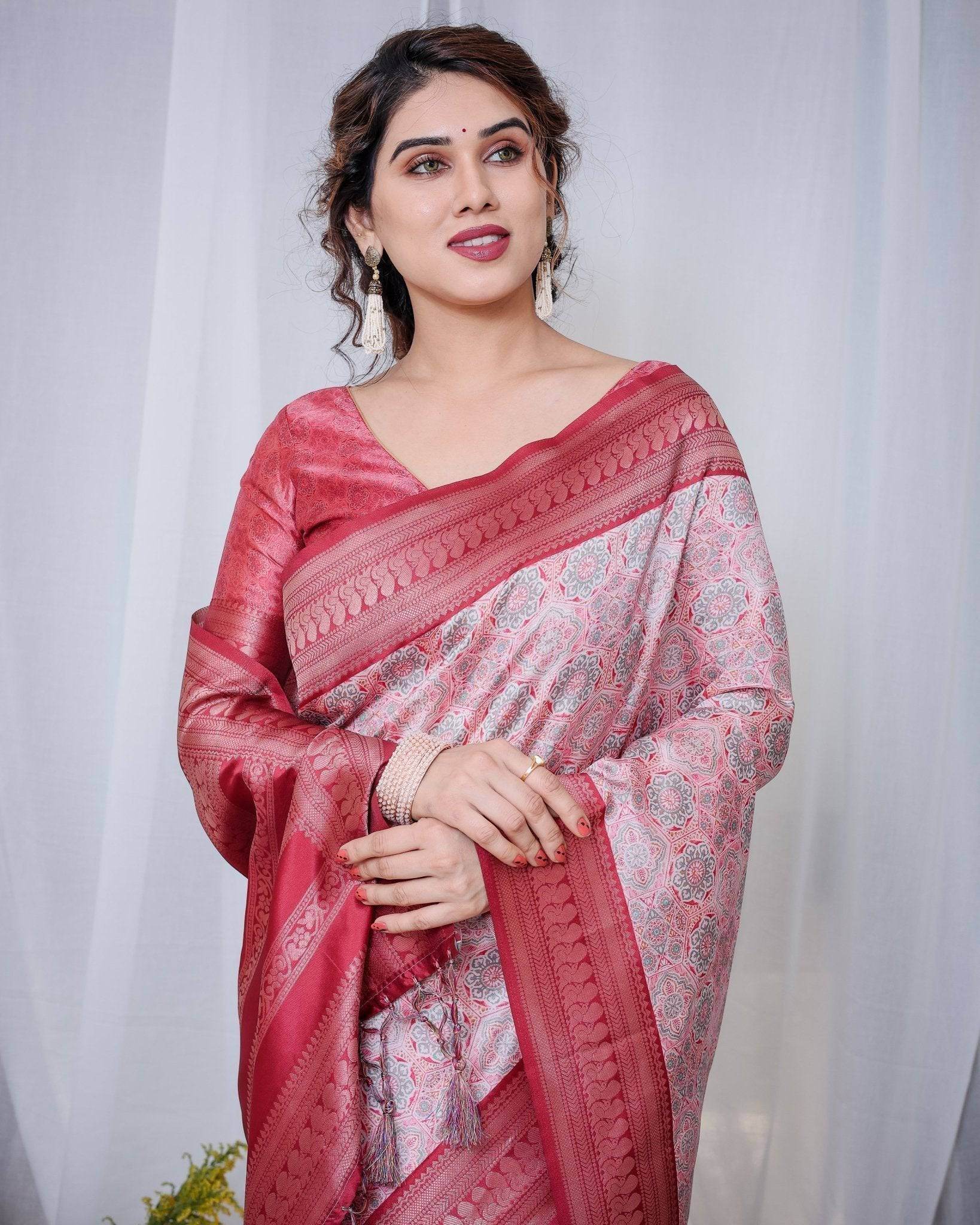 Crimson Red & White Banarasi Silk Saree with Intricate Geometric Motifs - SEEANS