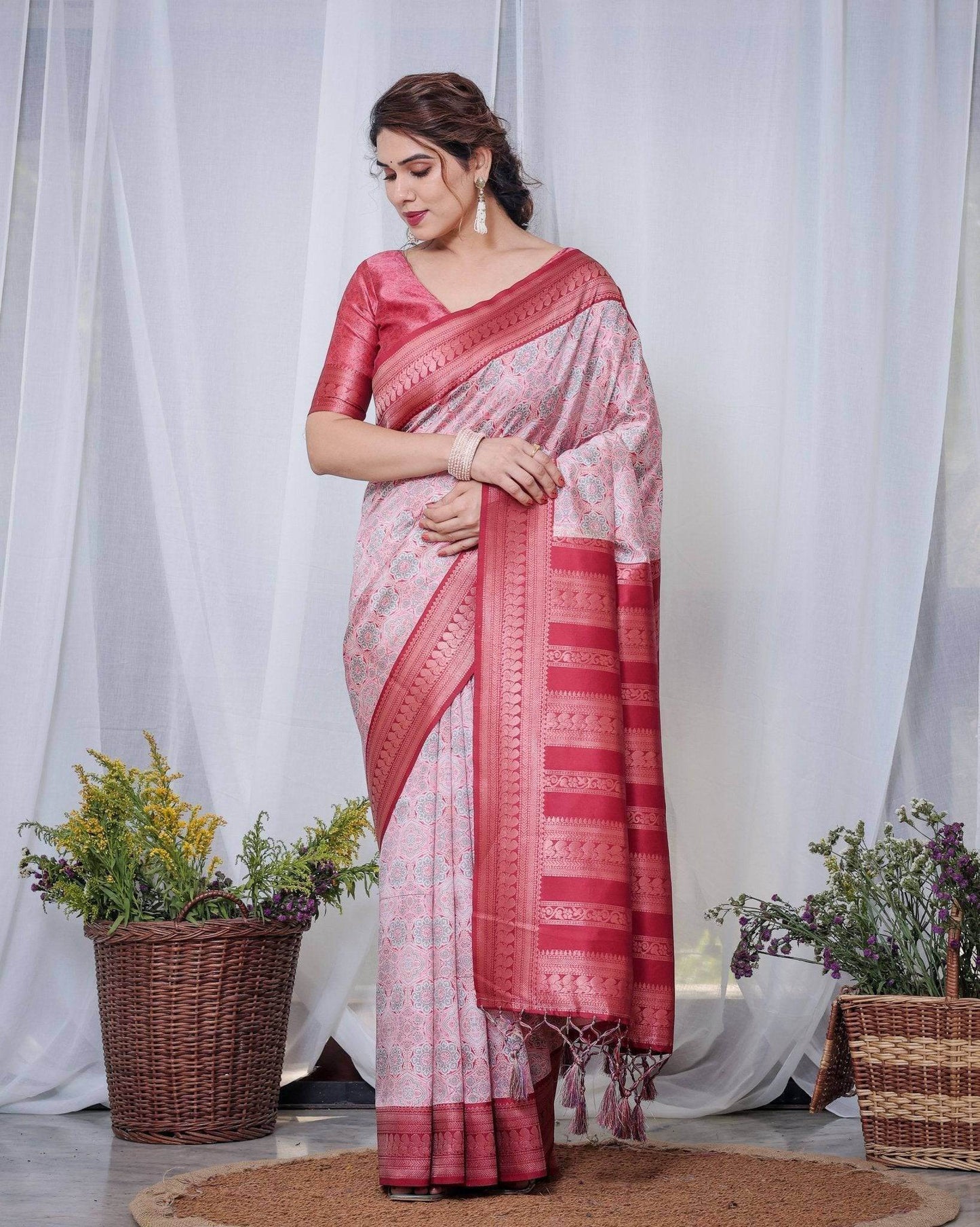 Crimson Red & White Banarasi Silk Saree with Intricate Geometric Motifs - SEEANS