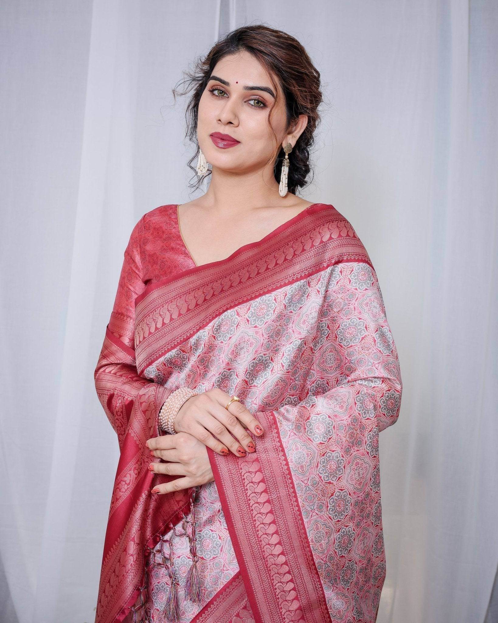 Crimson Red & White Banarasi Silk Saree with Intricate Geometric Motifs - SEEANS