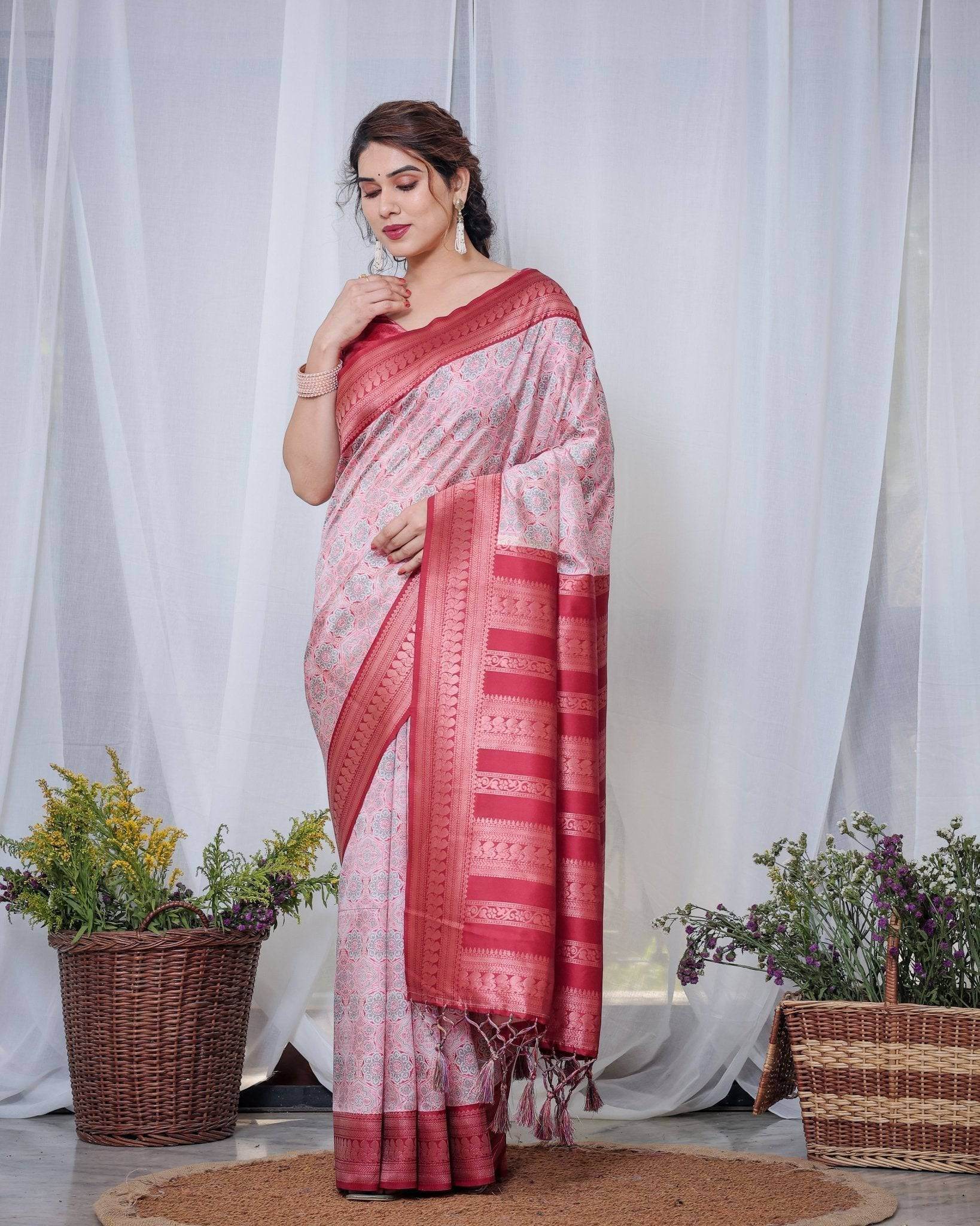 Crimson Red & White Banarasi Silk Saree with Intricate Geometric Motifs - SEEANS