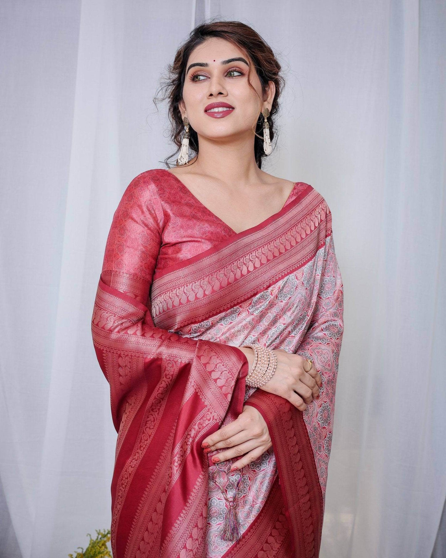 Crimson Red & White Banarasi Silk Saree with Intricate Geometric Motifs - SEEANS