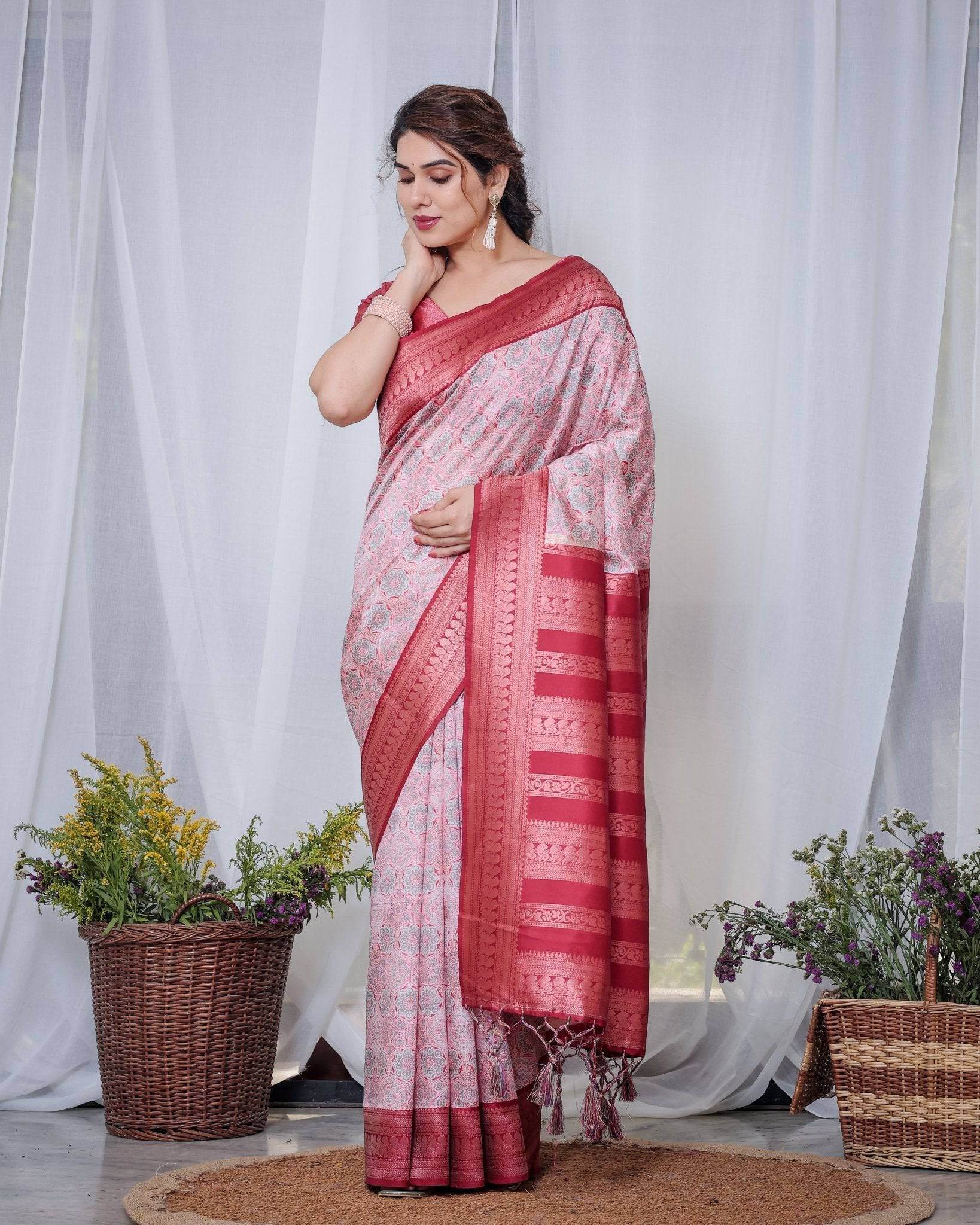 Crimson Red & White Banarasi Silk Saree with Intricate Geometric Motifs - SEEANS