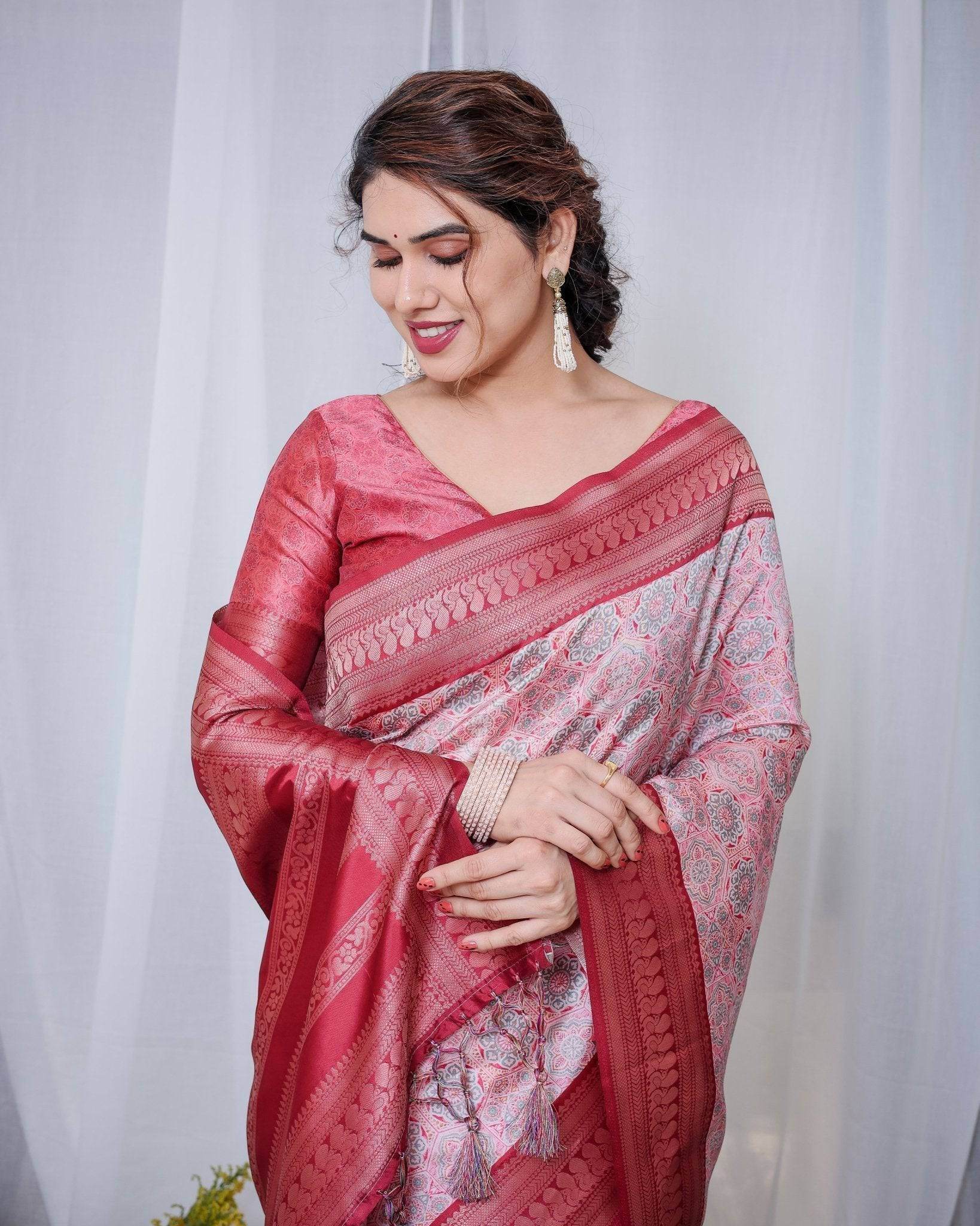 Crimson Red & White Banarasi Silk Saree with Intricate Geometric Motifs - SEEANS