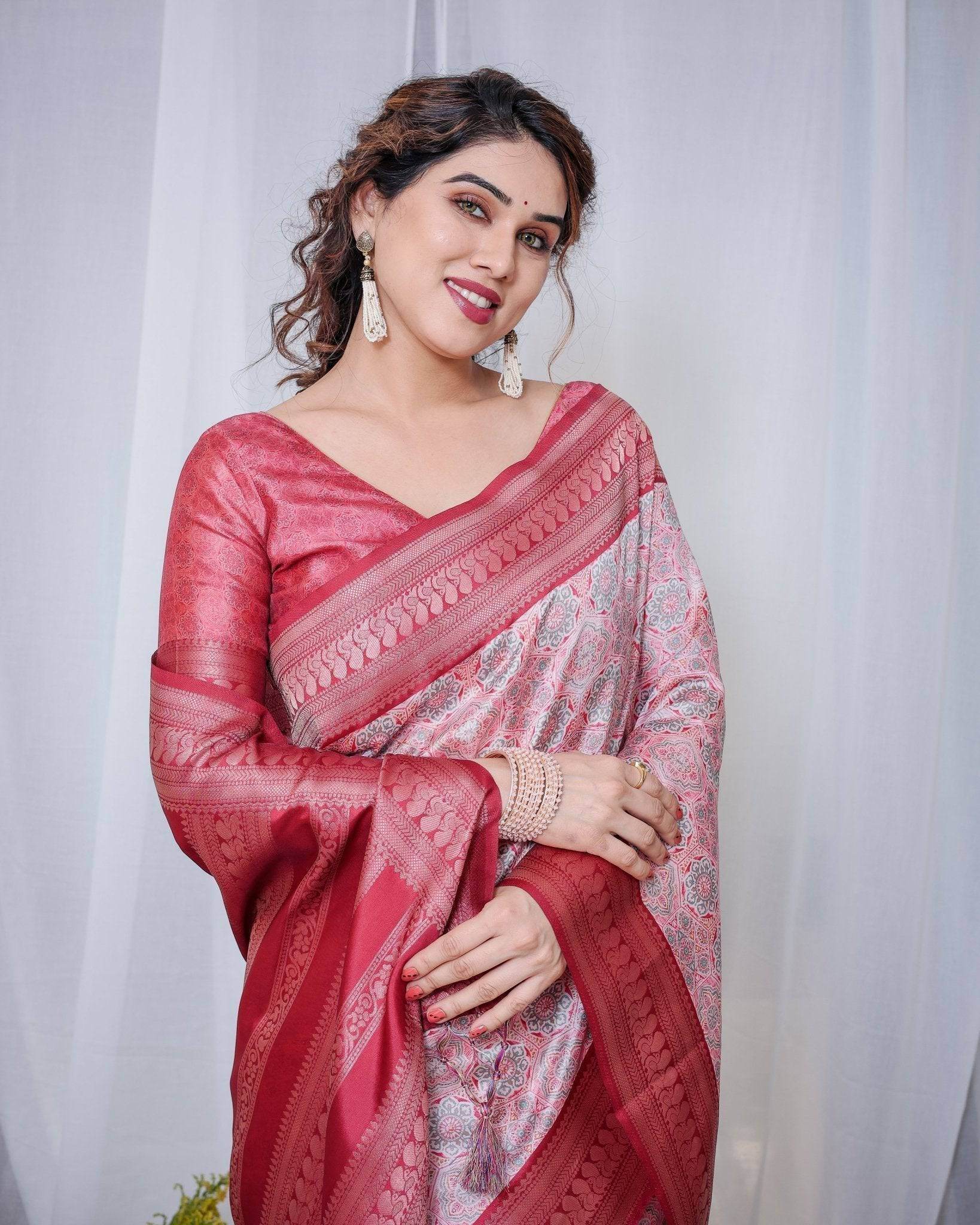 Crimson Red & White Banarasi Silk Saree with Intricate Geometric Motifs - SEEANS