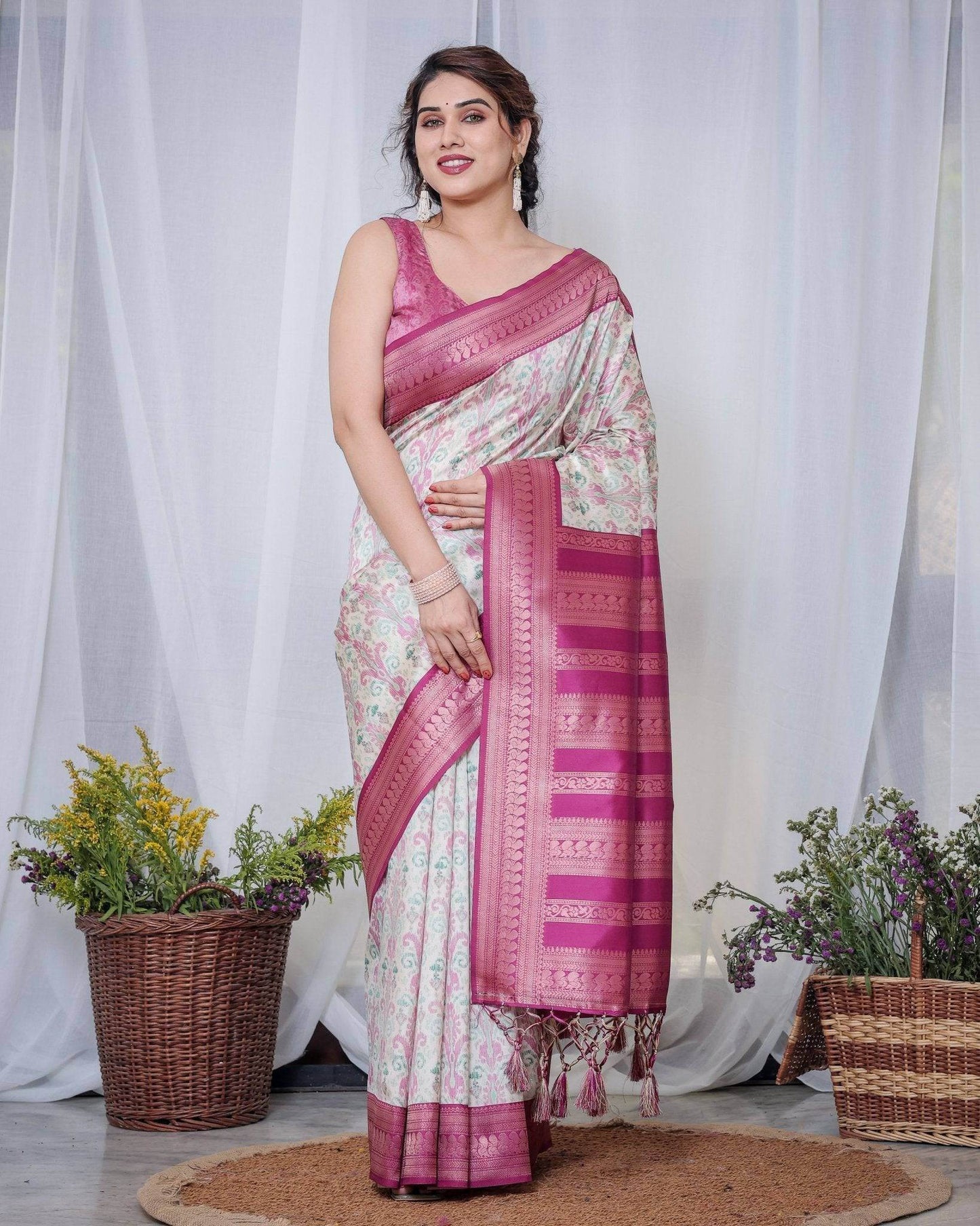 Ivory Banarasi Silk Sarees with Pink Ikat Digital Print, Zari Border & Tassels Pallu - SEEANS