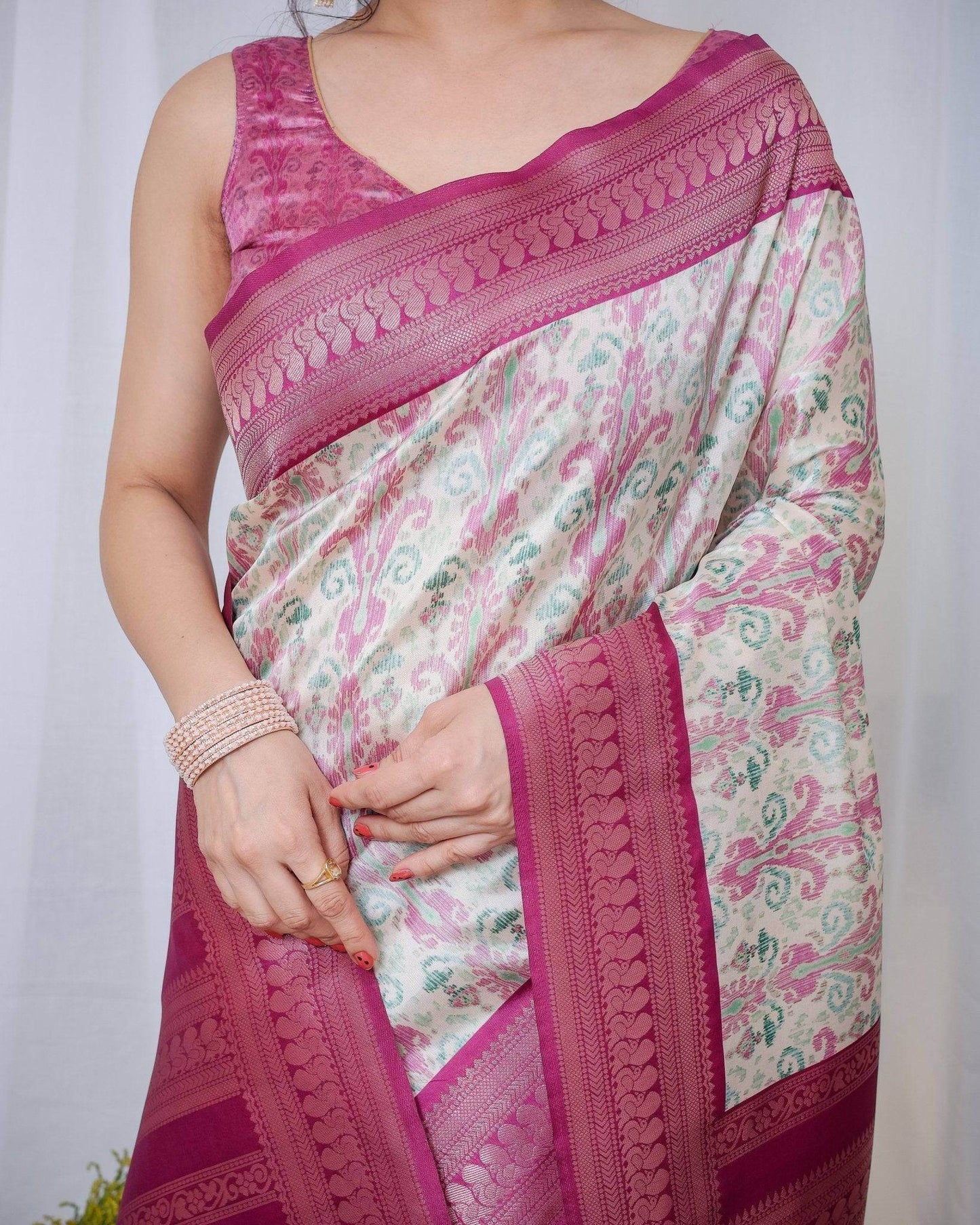 Ivory Banarasi Silk Sarees with Pink Ikat Digital Print, Zari Border & Tassels Pallu - SEEANS