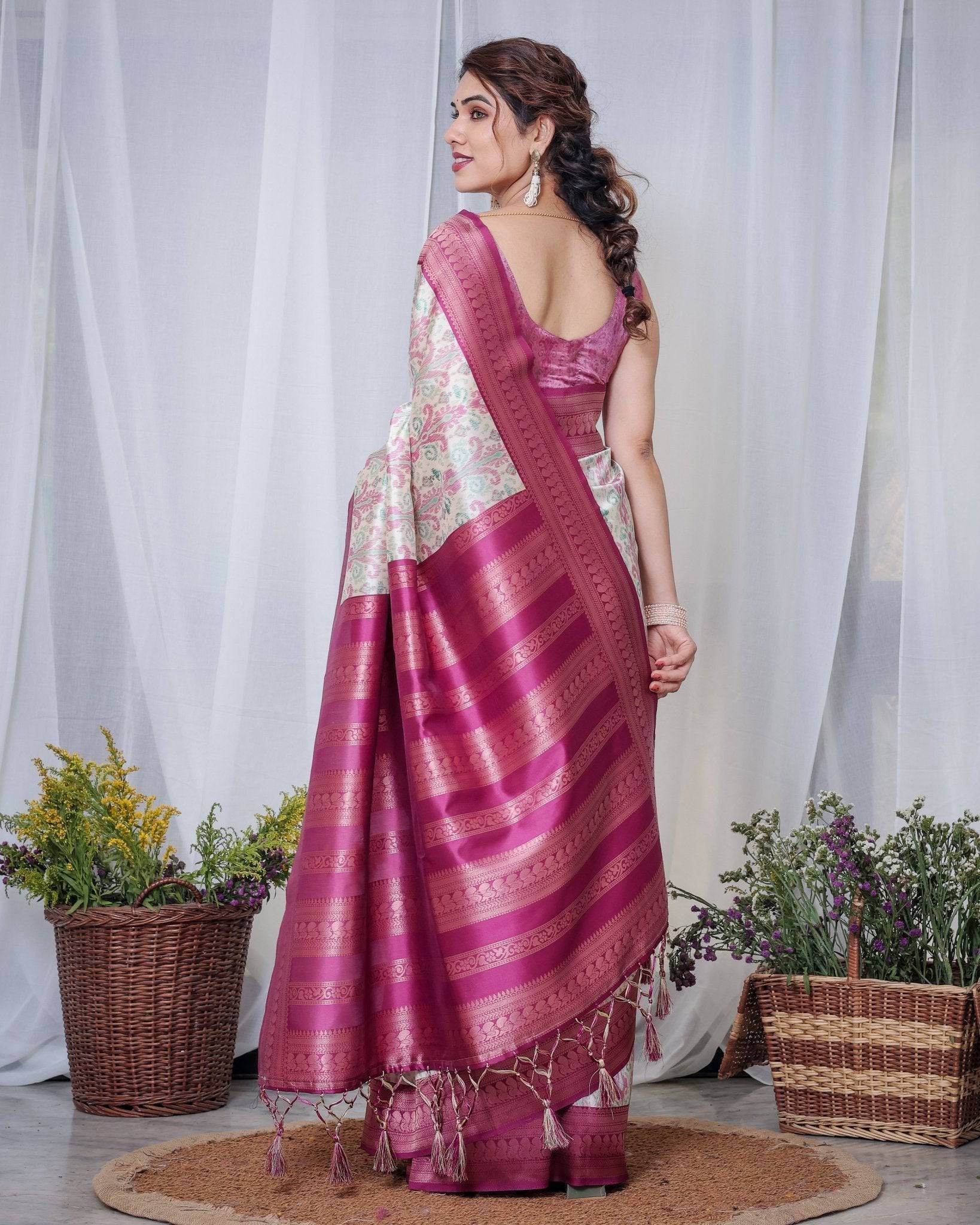 Ivory Banarasi Silk Sarees with Pink Ikat Digital Print, Zari Border & Tassels Pallu - SEEANS