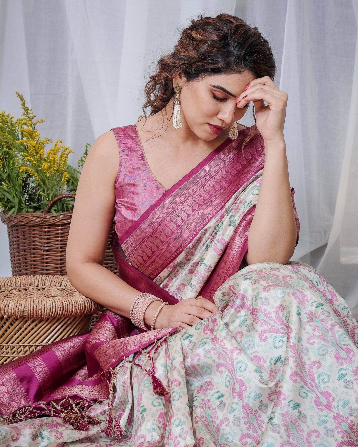 Ivory Banarasi Silk Sarees with Pink Ikat Digital Print, Zari Border & Tassels Pallu - SEEANS