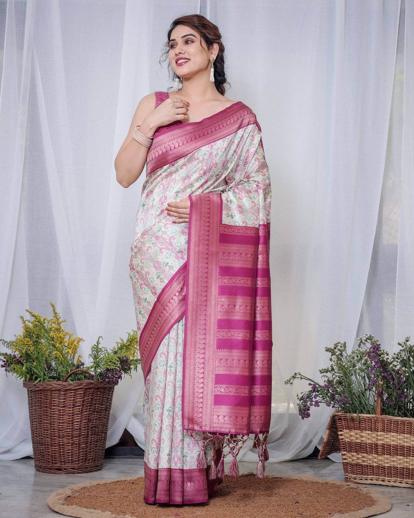 Ivory Banarasi Silk Sarees with Pink Ikat Digital Print, Zari Border & Tassels Pallu - SEEANS