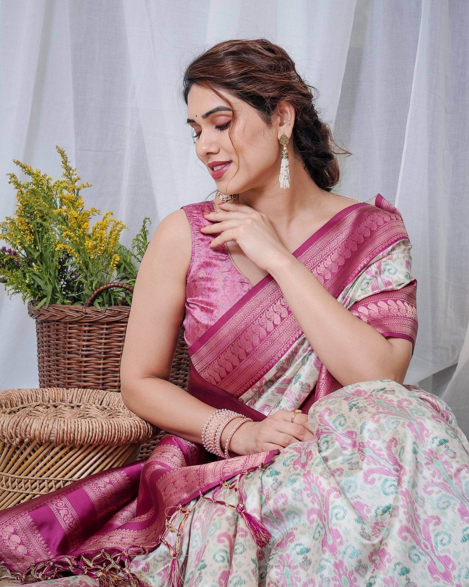 Ivory Banarasi Silk Sarees with Pink Ikat Digital Print, Zari Border & Tassels Pallu - SEEANS