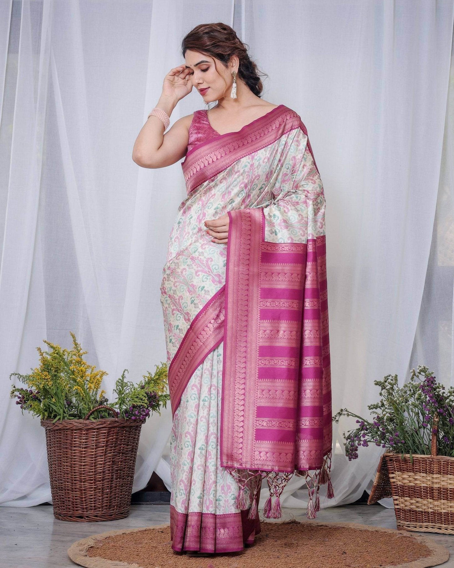 Ivory Banarasi Silk Sarees with Pink Ikat Digital Print, Zari Border & Tassels Pallu - SEEANS