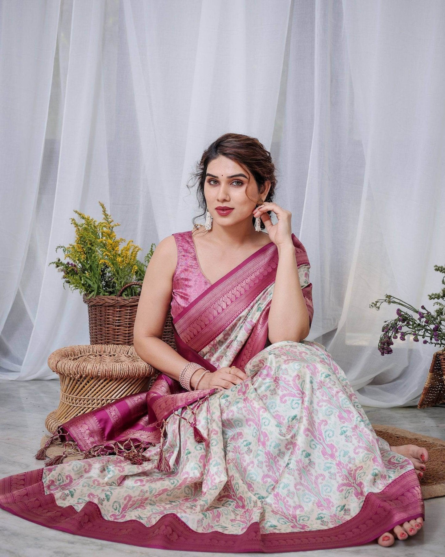 Ivory Banarasi Silk Sarees with Pink Ikat Digital Print, Zari Border & Tassels Pallu - SEEANS