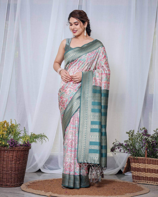 Teal Green Banarasi Silk Saree with Multicolor Digital Patchwork Print & Zari Border - SEEANS