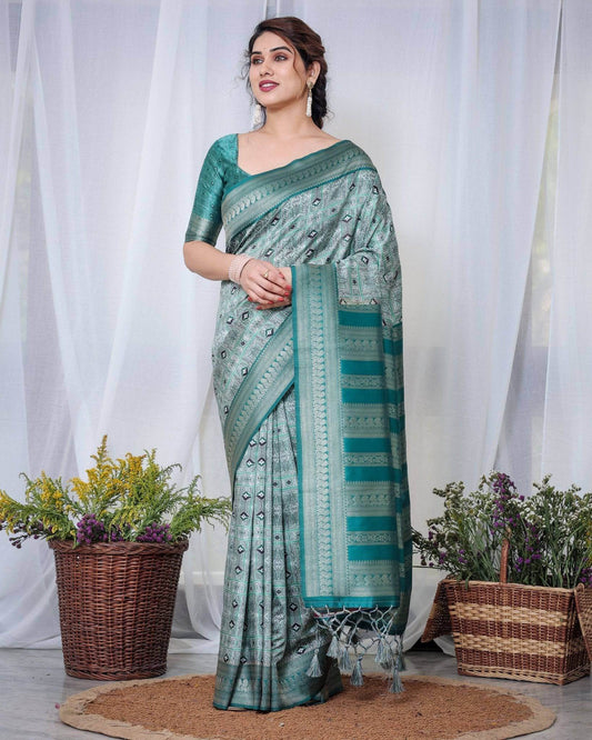 Banarasi Digitally Printed Green Silk Saree with Zari Weave and Elegant Tassels - SEEANS