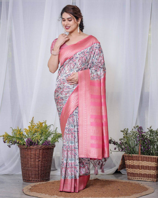 Ivory Banarasi Silk Saree with Vibrant Paisley Digital Print, Pink Zari Border & Tassel Pallu - SEEANS