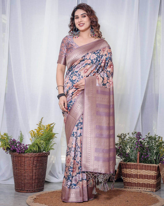 Lilac Banarasi Silk Saree with Pastel Floral Digital Print, Zari Border & Tassel Pallu - SEEANS