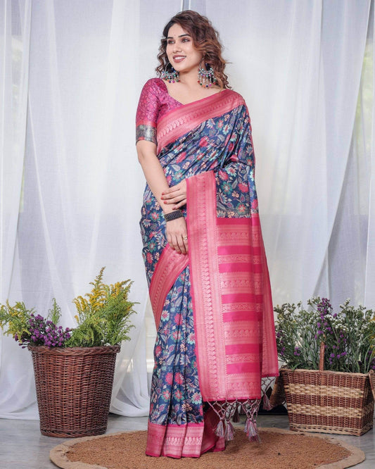 Navy Blue Banarasi Silk Saree with Floral Digital Print, Pink Zari Border & Tassel Pallu - SEEANS