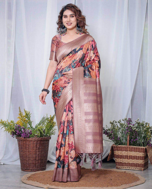 Black Banarasi Silk Saree with Exotic Leopard & Floral Digital Print, Zari Border & Tassel Pallu - SEEANS