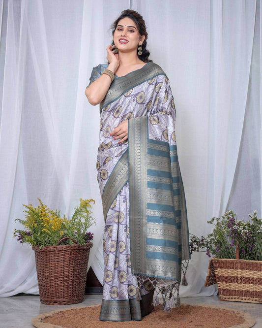 Graceful Banarasi Digitally Printed Silk Saree in Silver and Teal with Zari Work and Tassels - SEEANS