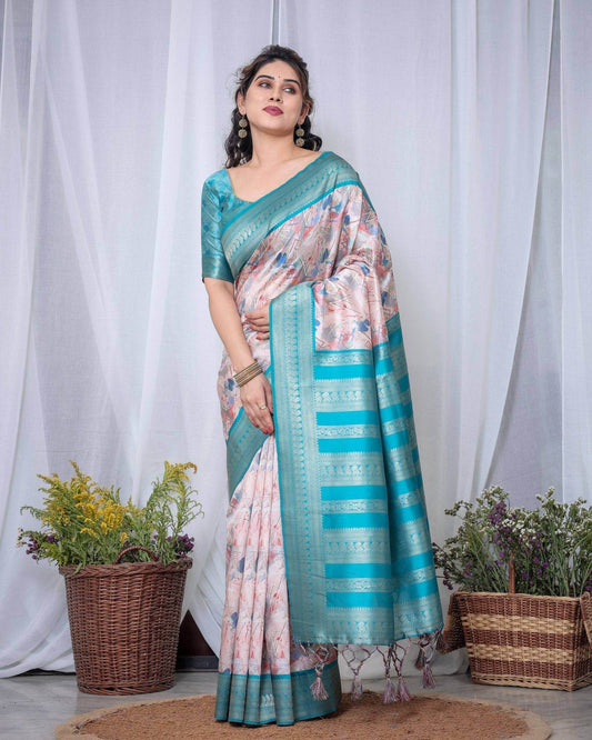 Ivory Banarasi Silk Saree with Pink Ikat Digital Print, Zari Border & Tassel Pallu - SEEANS