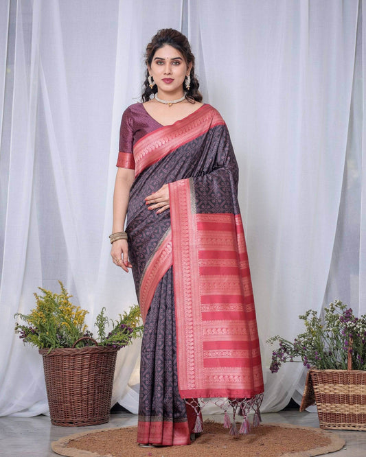 Majestic Black Banarasi Silk Saree with Rose Gold Border and Tassels - SEEANS