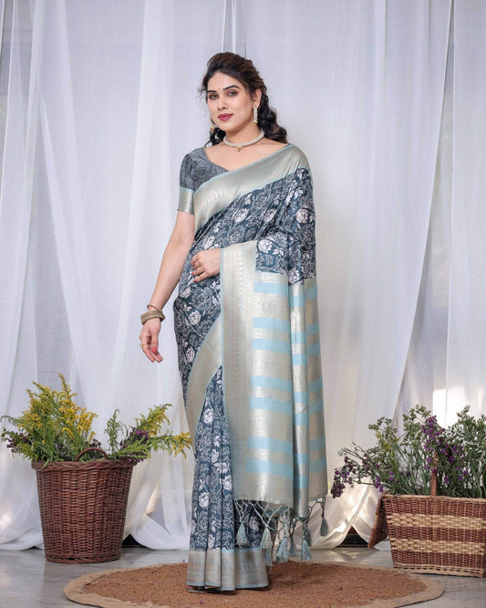 Timeless Blue and Silver Banarasi Silk Saree with Floral Design and Tassels - SEEANS