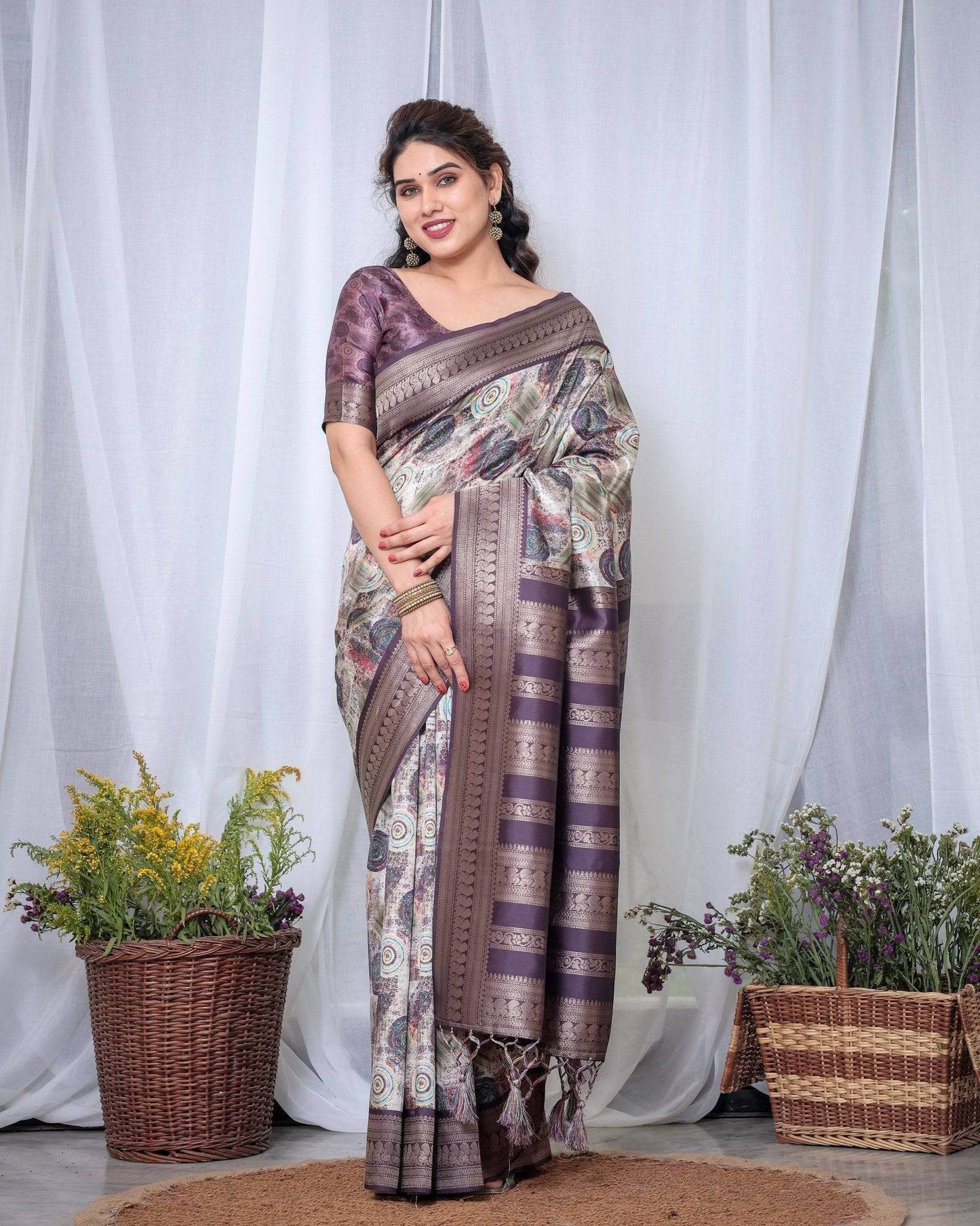 Ethereal Lavender Banarasi Silk Saree with Circular Motif Tassels - SEEANS