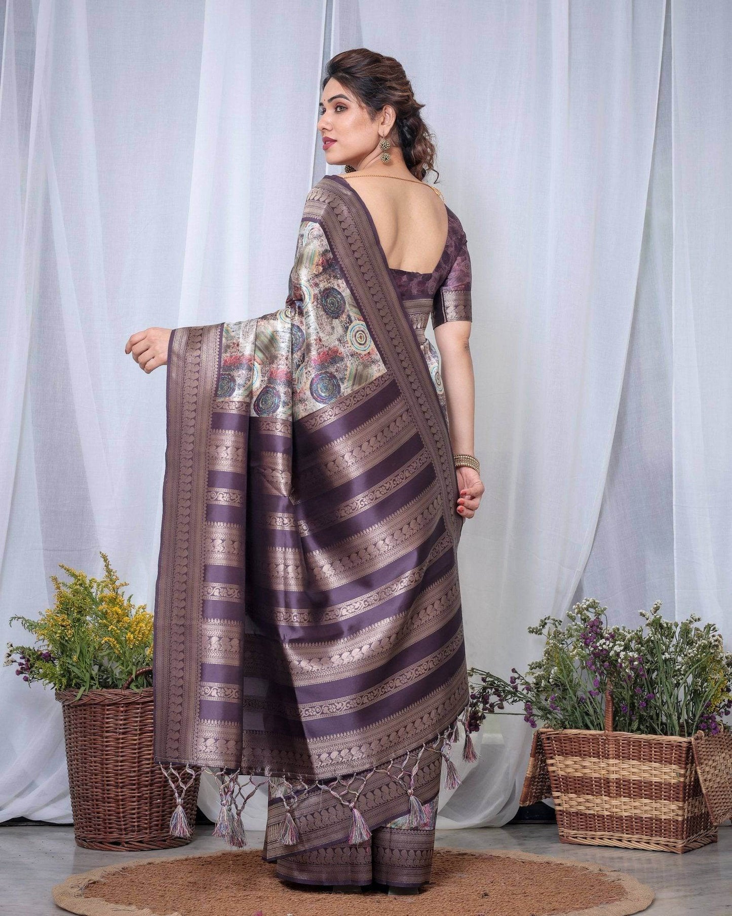 Ethereal Lavender Banarasi Silk Saree with Circular Motif Tassels - SEEANS