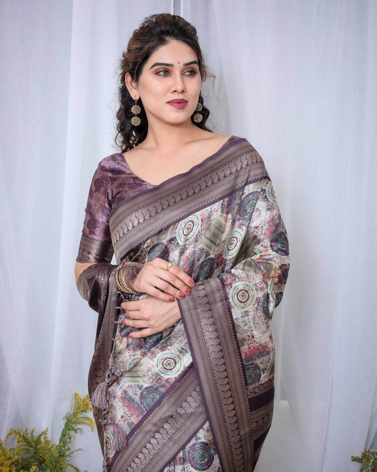 Ethereal Lavender Banarasi Silk Saree with Circular Motif Tassels - SEEANS