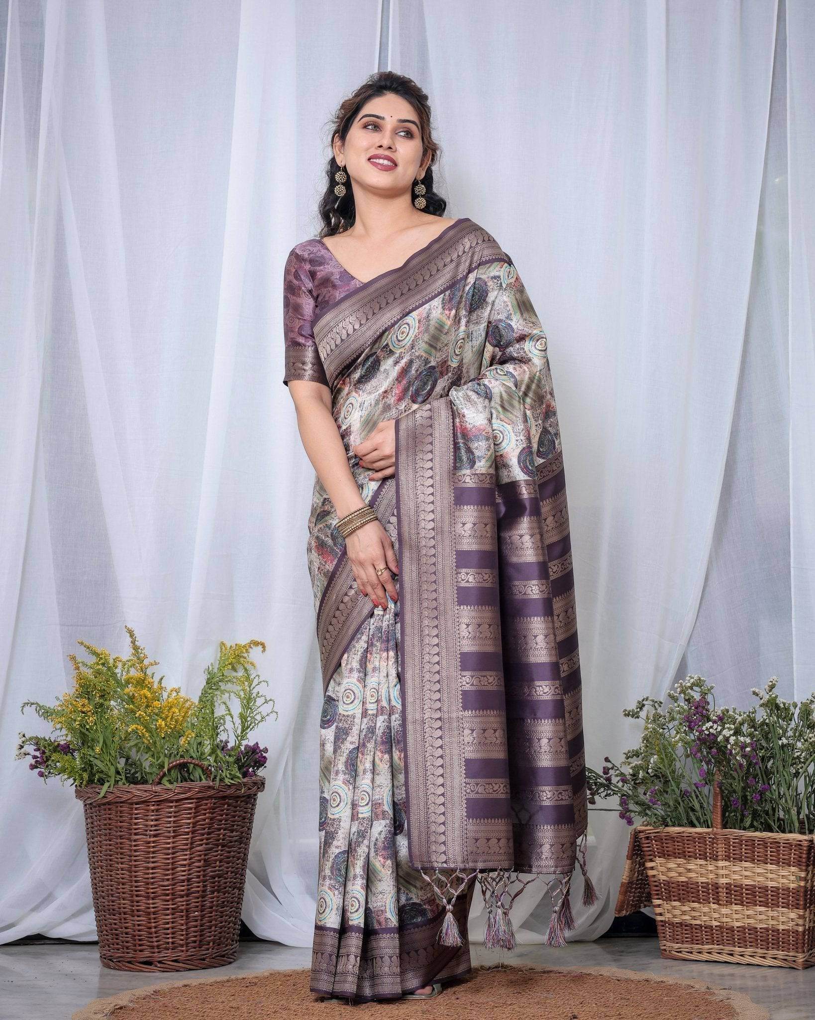 Ethereal Lavender Banarasi Silk Saree with Circular Motif Tassels - SEEANS