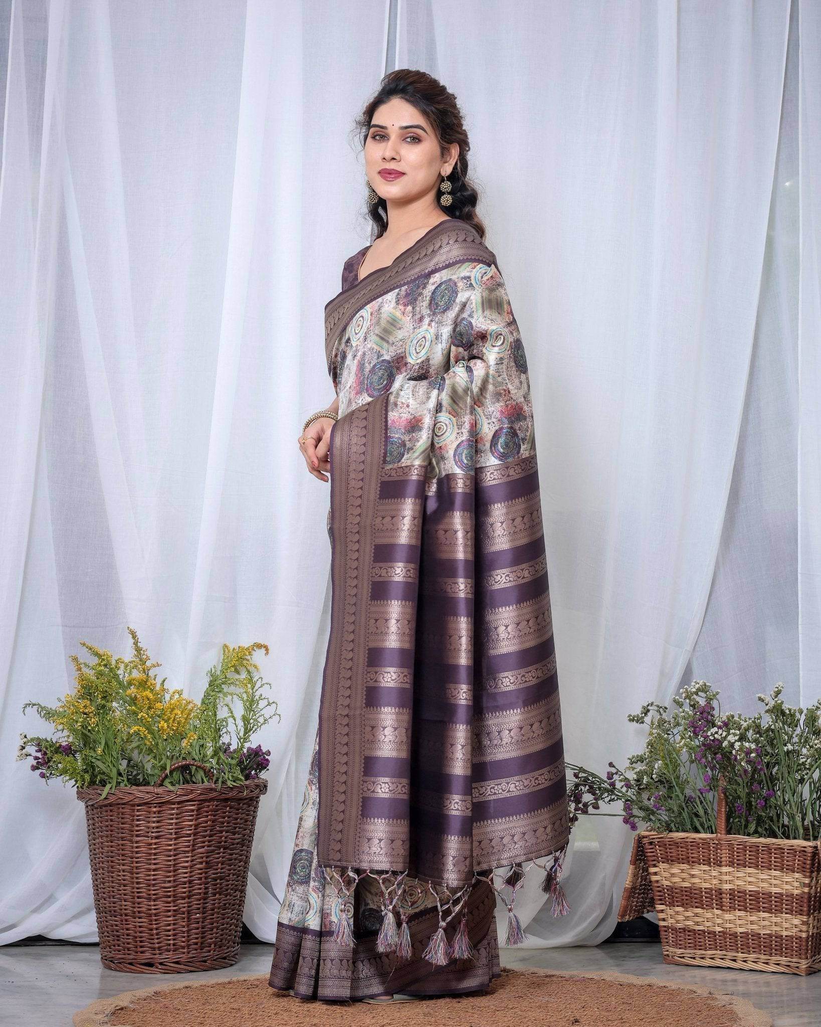 Ethereal Lavender Banarasi Silk Saree with Circular Motif Tassels - SEEANS